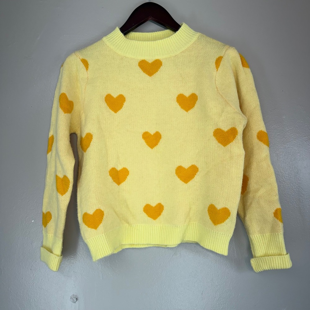 SHEIN Women Yellow Heart Print Knit Sweater Crewneck Long Sleeve Size M